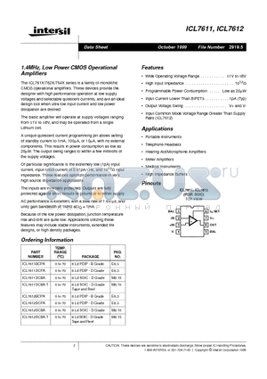 ICL7611DCBA-T datasheet - 1.4MHz, Low Power CMOS Operational Amplifiers