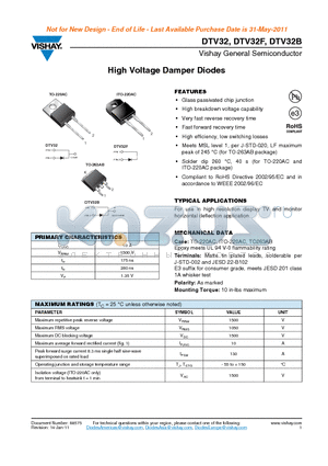 DTV32B-E3-81 datasheet - High Voltage Damper Diodes