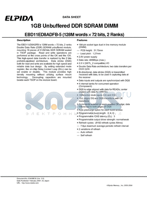 EBD11ED8ADFB-5 datasheet - 1GB Unbuffered DDR SDRAM DIMM (128M words x72 bits, 2 Ranks)