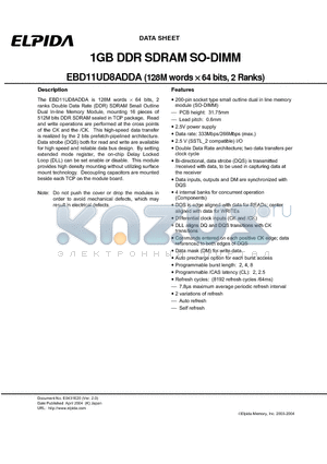 EBD11UD8ADDA datasheet - 1GB DDR SDRAM SO-DIMM (128M words x64 bits, 2 Ranks)