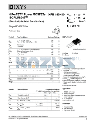IXFR180N10 datasheet - HiPerFET Power MOSFETs ISOPLUS247
