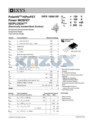 IXFR180N15P datasheet - PolarHV HiPerFET Power MOSFET ISOPLUS247