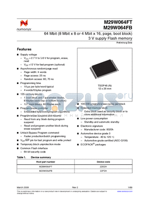 M29W064FB70N3E datasheet - 64 Mbit (8 Mbit x 8 or 4 Mbit x 16, page, boot block) 3 V supply Flash memory