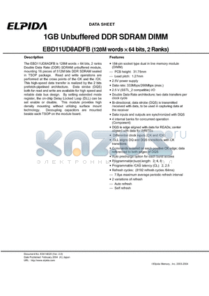 EBD11UD8ADFB-7A datasheet - 1GB Unbuffered DDR SDRAM DIMM (128M words x64 bits, 2 Ranks)