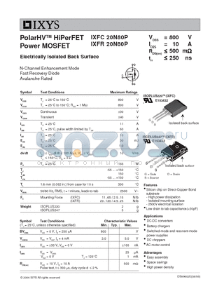 IXFR20N80P datasheet - PolarHV HiPerFET Power MOSFET