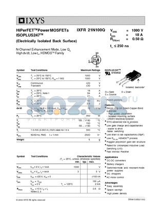 IXFR21N100Q_03 datasheet - HiPerFET Power MOSFETs ISOPLUS247