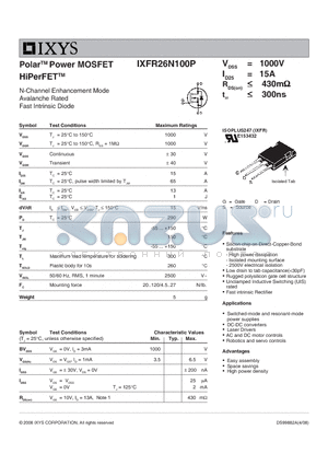 IXFR26N100P datasheet - Polar Power MOSFET HiPerFET