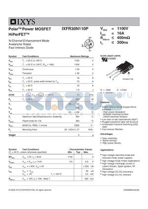 IXFR30N110P datasheet - Polar Power MOSFET HiPerFET