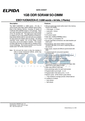 EBD11UD8ADDA-E datasheet - 1GB DDR SDRAM SO-DIMM (128M words x64 bits, 2 Ranks)