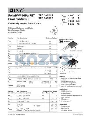 IXFR30N60P datasheet - PolarHV HiPerFET Power MOSFET