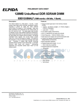 EBD12UB8ALF datasheet - 128MB Unbuffered DDR SDRAM DIMM