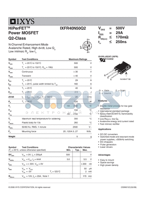 IXFR40N50Q2_08 datasheet - HiPerFET Power MOSFET Q2-Class
