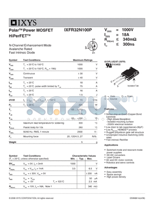 IXFR32N100P datasheet - Polar Power MOSFET HiPerFET