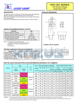 KW1-361 datasheet - LED Numeric Display Single Digit (0.36