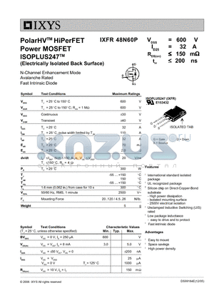 IXFR48N60P datasheet - PolarHV HiPerFET Power MOSFET ISOPLUS247