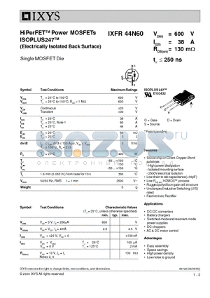 IXFR44N60 datasheet - HiPerFETTM Power MOSFETs ISOPLUS247