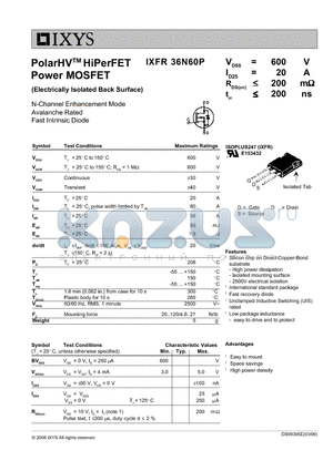 IXFR36N60P datasheet - PolarHV HiPerFET Power MOSFET