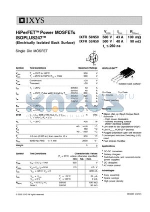 IXFR55N50 datasheet - HiPerFET-TM Power MOSFETs ISOPLUS247-TM