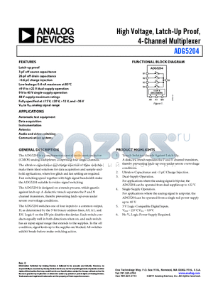 ADG5204 datasheet - High Voltage, Latch-Up Proof, 4-Channel Multiplexer Automatic test equipment