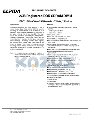 EBD21RD4ADNA-6B datasheet - 2GB Registered DDR SDRAM DIMM (256M words X72 bits, 2 Ranks)