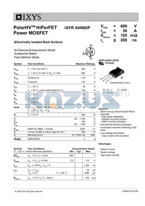 IXFR64N60P datasheet - PolarHV HiPerFET Power MOSFET