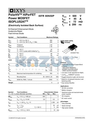 IXFR80N50P datasheet - PolarHV HiPerFET Power MOSFET ISOPLUS247