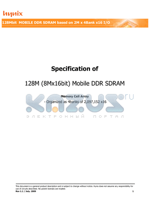 H5MS1262EFP-J3M datasheet - 128M (8Mx16bit) Mobile DDR SDRAM