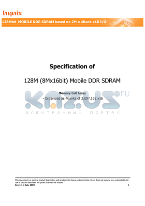 H5MS1262EFP-K3E datasheet - 128M (8Mx16bit) Mobile DDR SDRAM