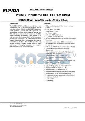 EBD25EC8AKFA-5B datasheet - 256MB Unbuffered DDR SDRAM DIMM (32M words X72 bits, 1 Rank)