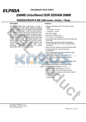 EBD25UC8AAFA-6B datasheet - 256MB Unbuffered DDR SDRAM DIMM