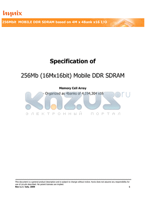 H5MS2562JFR-J3M datasheet - 256Mb (16Mx16bit) Mobile DDR SDRAM