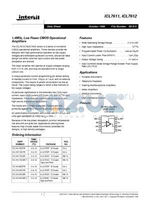ICL7612BCPA datasheet - 1.4MHz, Low Power CMOS Operational Amplifiers