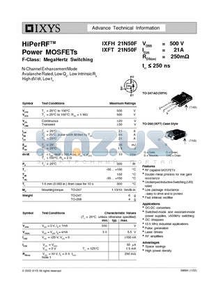 IXFT21N50F datasheet - HiPerRF Power MOSFETs