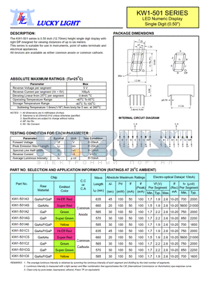 KW1-501A2 datasheet - LED Numeric Display Single Digit (0.50)