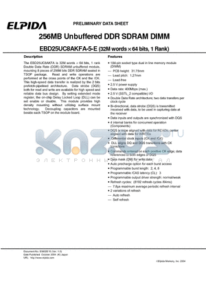 EBD25UC8AKFA-5-E datasheet - 256MB Unbuffered DDR SDRAM DIMM (32M words X 64 bits, 1 Rank)
