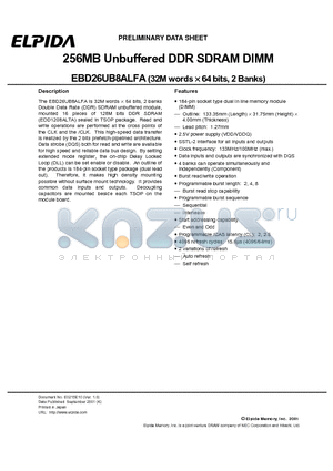 EBD26UB8ALFA-7A datasheet - 256MB Unbuffered DDR SDRAM DIMM