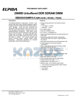 EBD25UC8AMFA-5 datasheet - 256MB Unbuffered DDR SDRAM DIMM