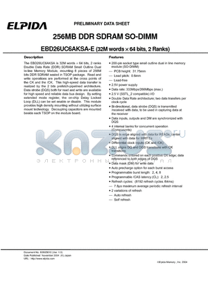 EBD26UC6AKSA-6B-E datasheet - 256MB DDR SDRAM SO-DIMM (32M words x 64 bits, 2 Ranks)