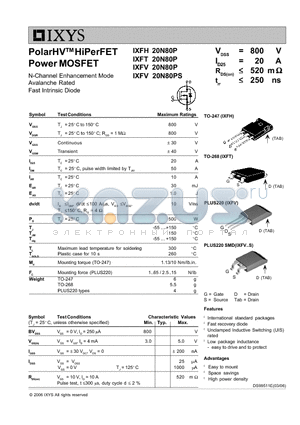 IXFT20N80P datasheet - PolarHV HiPerFET Power MOSFET