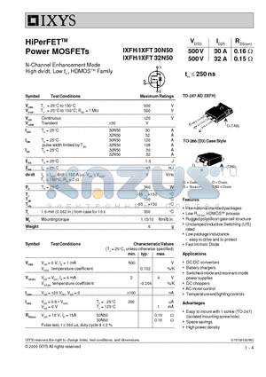 IXFT30N50 datasheet - HiPerFET Power MOSFETs