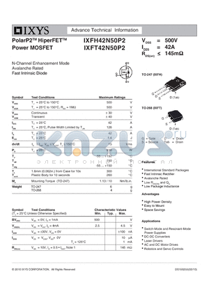 IXFT42N50P2 datasheet - PolarP2 HiperFET Power MOSFET