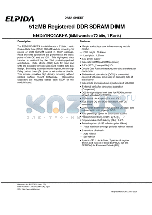 EBD51RC4AKFA datasheet - 512MB Registered DDR SDRAM DIMM (64M words X 72 bits, 1 Rank)