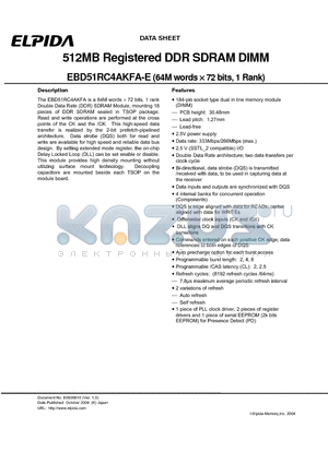 EBD51RC4AKFA-6B-E datasheet - 512MB Registered DDR SDRAM DIMM (64M words x 72 bits, 1 Rank)