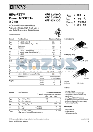 IXFT52N30Q datasheet - N-Channel Enhancement Mode Avalanche Rated, High dv/dt, Low t Low Gate Charge and Capacitances