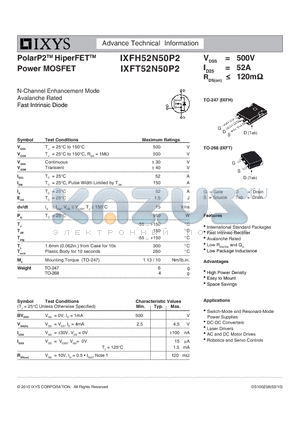 IXFT52N50P2 datasheet - PolarP2 HiperFET Power MOSFET