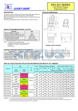 KW1-521AG datasheet - LED Numeric Display Single Digit (0.52)