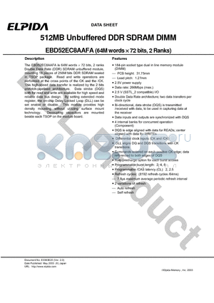EBD52EC8AAFA datasheet - 512MB Unbuffered DDR SDRAM DIMM
