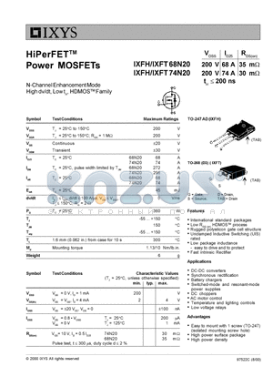 IXFT68N20 datasheet - HIPERFET POWER MOSFETs