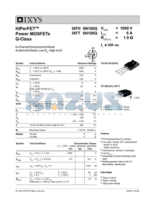 IXFT6N100Q datasheet - HiPerFET Power MOSFETs Q-Class