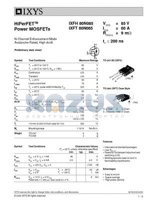 IXFT80N085 datasheet - HiPerFETTM Power MOSFETs